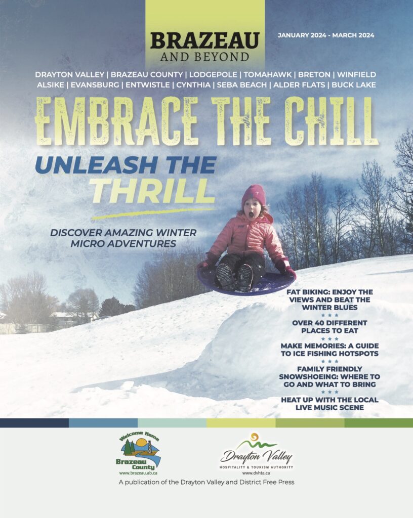 This is a cover page for the Brazeau and Beyond travel guide. Little girl on toboggan.